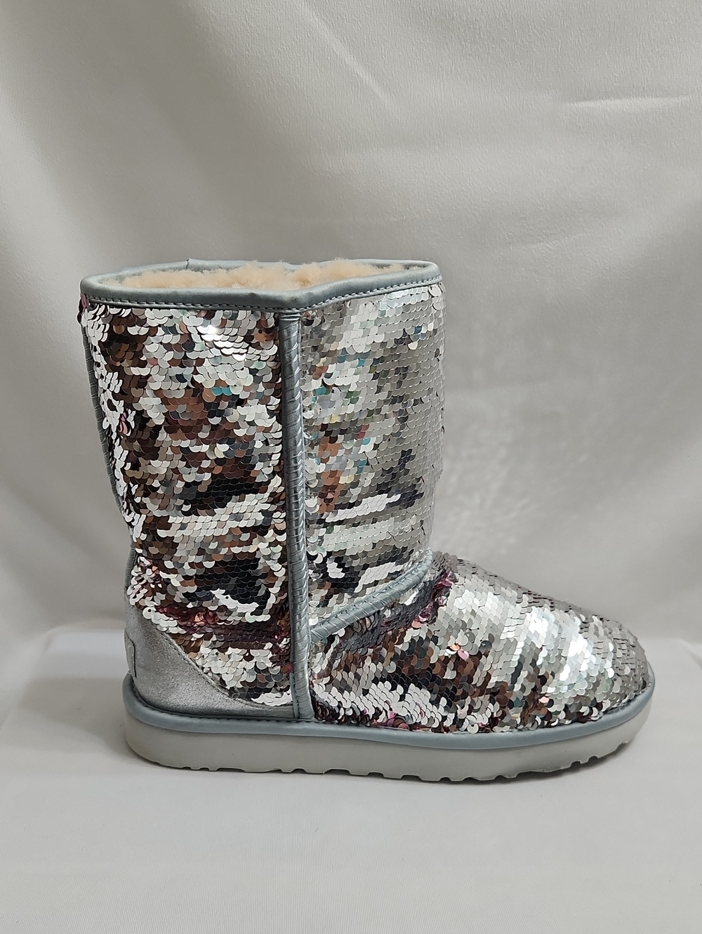UGG Classic Short Reverseable Sequin Silver Pink Iridescent Boots (Size 9)